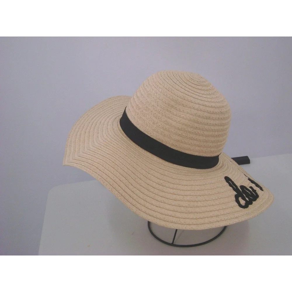 Women's Do Not Disturb Straw Floppy Sun Hat Tan Black Ribbon Wide Brim Beach